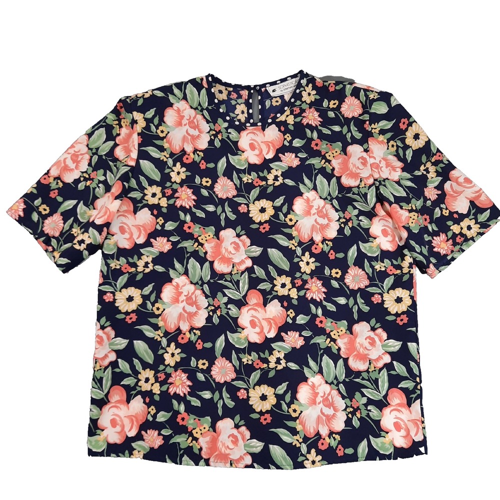 Vintage 90s Blouse Top Womens 8 Blue Pink Floral Boxy Career Office Cottagecore